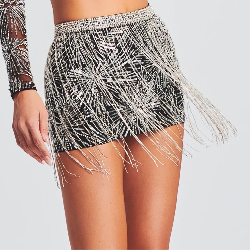 Retrofete Beatrix Fringe Embellished Silver Black Sequin Sparkly Mini Skirt